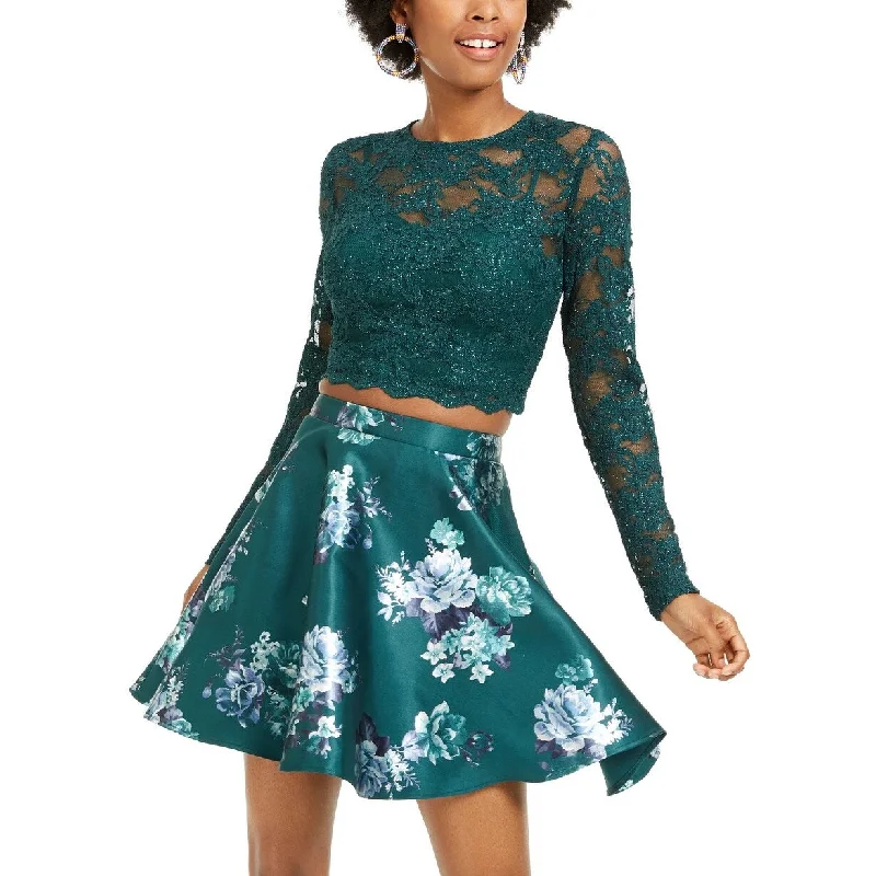 City Studios Junior's 2 Pc Lace Top & Floral Print Skirt Green Size 1